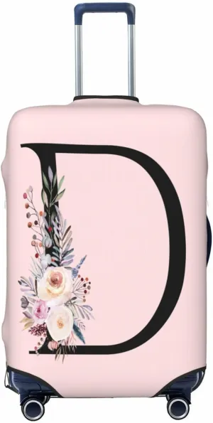 Elastic Travel Luggage Cover Cute Pink Suitcase Protector Bag,Black Letter D With Boho Floral Flowers Leaves Anti-Scratch,Dust-Proof Washable Baggage Covers For Kid Adult,Xl (For 29-32 Inch Luggage)