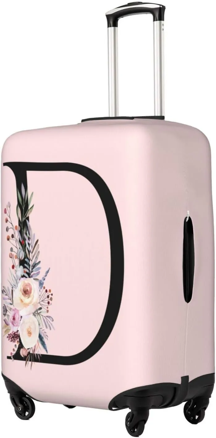 Elastic Travel Luggage Cover Cute Pink Suitcase Protector Bag,Black Letter D With Boho Floral Flowers Leaves Anti-Scratch,Dust-Proof Washable Baggage Covers For Kid Adult,Xl (For 29-32 Inch Luggage)
