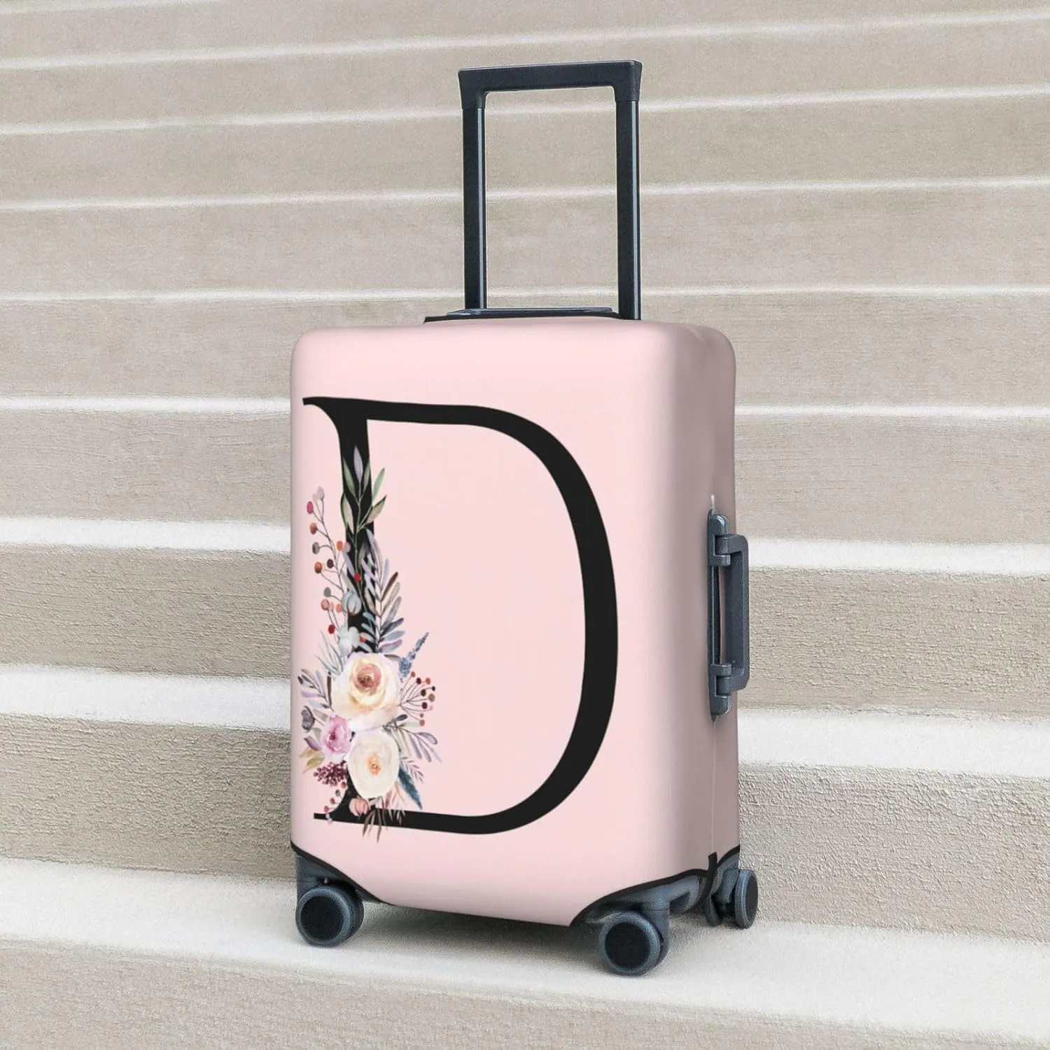 Elastic Travel Luggage Cover Cute Pink Suitcase Protector Bag,Black Letter D With Boho Floral Flowers Leaves Anti-Scratch,Dust-Proof Washable Baggage Covers For Kid Adult,Xl (For 29-32 Inch Luggage)