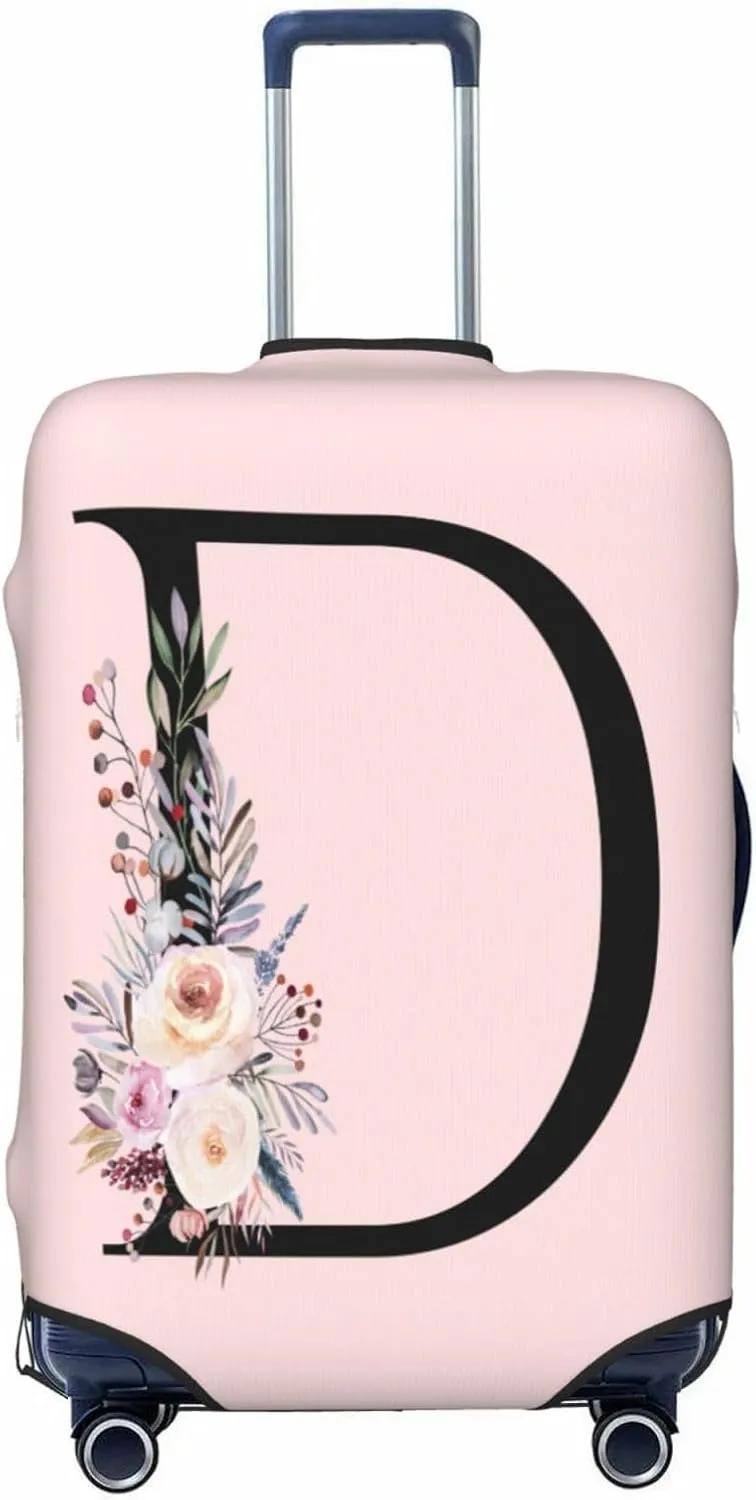 Elastic Travel Luggage Cover Cute Pink Suitcase Protector Bag,Black Letter D With Boho Floral Flowers Leaves Anti-Scratch,Dust-Proof Washable Baggage Covers For Kid Adult,Xl (For 29-32 Inch Luggage)