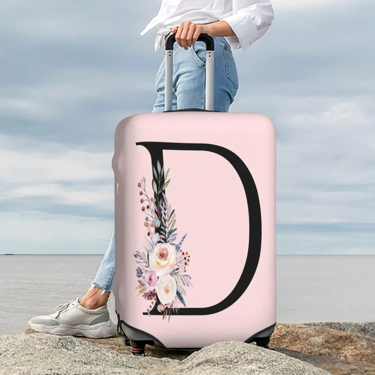 Elastic Travel Luggage Cover Cute Pink Suitcase Protector Bag,Black Letter D With Boho Floral Flowers Leaves Anti-Scratch,Dust-Proof Washable Baggage Covers For Kid Adult,Xl (For 29-32 Inch Luggage)