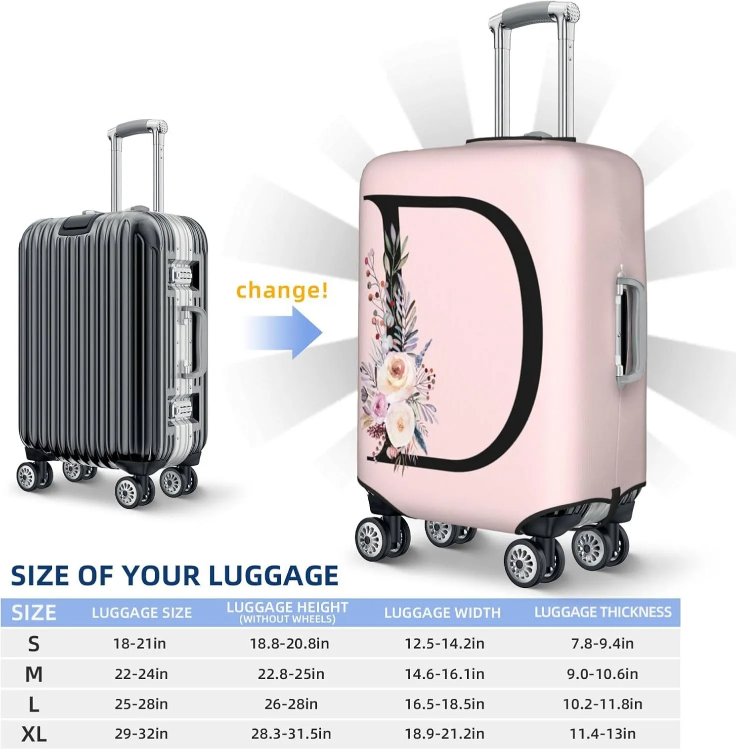 Elastic Travel Luggage Cover Cute Pink Suitcase Protector Bag,Black Letter D With Boho Floral Flowers Leaves Anti-Scratch,Dust-Proof Washable Baggage Covers For Kid Adult,Xl (For 29-32 Inch Luggage)