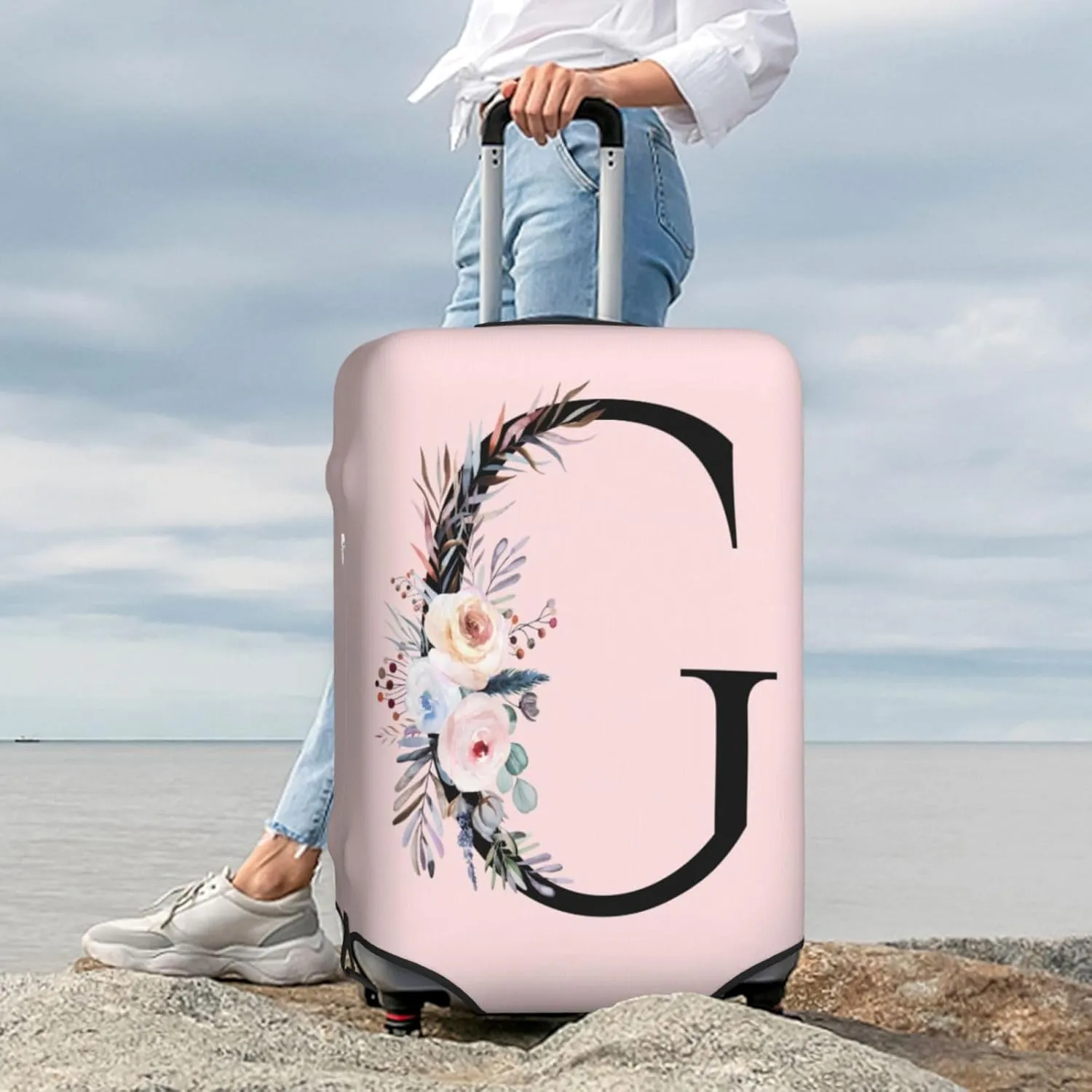 Elastic Travel Luggage Cover Cute Pink Suitcase Protector Bag,Black Letter G With Boho Floral Flowers Leaves Anti-Scratch,Dust-Proof Washable Baggage Covers For Kid Adult,Xl (For 29-32 Inch Luggage)