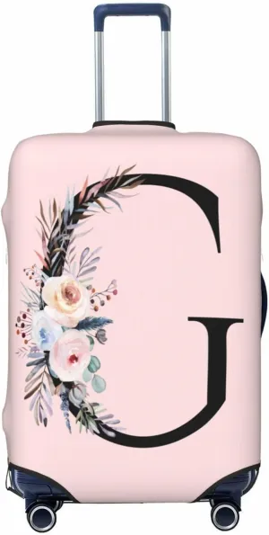 Elastic Travel Luggage Cover Cute Pink Suitcase Protector Bag,Black Letter G With Boho Floral Flowers Leaves Anti-Scratch,Dust-Proof Washable Baggage Covers For Kid Adult,Xl (For 29-32 Inch Luggage)