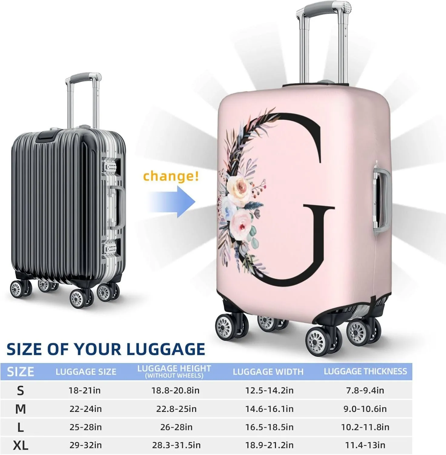 Elastic Travel Luggage Cover Cute Pink Suitcase Protector Bag,Black Letter G With Boho Floral Flowers Leaves Anti-Scratch,Dust-Proof Washable Baggage Covers For Kid Adult,Xl (For 29-32 Inch Luggage)
