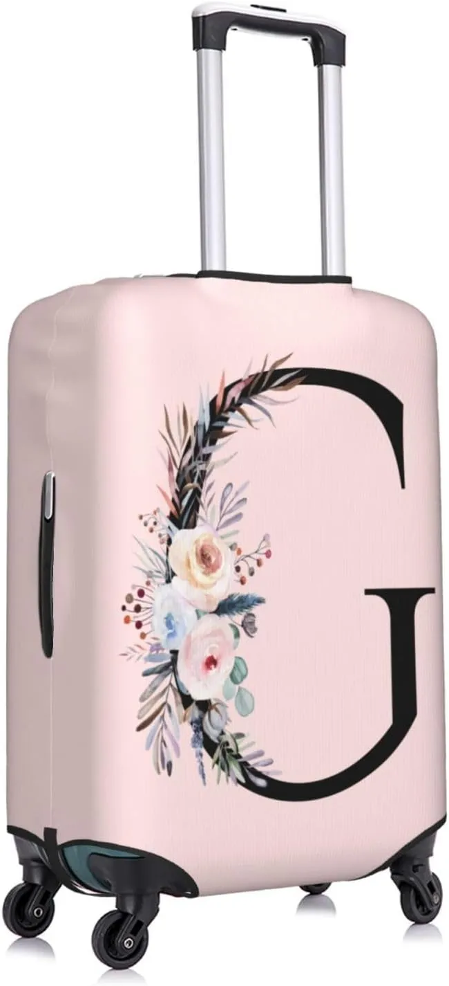 Elastic Travel Luggage Cover Cute Pink Suitcase Protector Bag,Black Letter G With Boho Floral Flowers Leaves Anti-Scratch,Dust-Proof Washable Baggage Covers For Kid Adult,Xl (For 29-32 Inch Luggage)