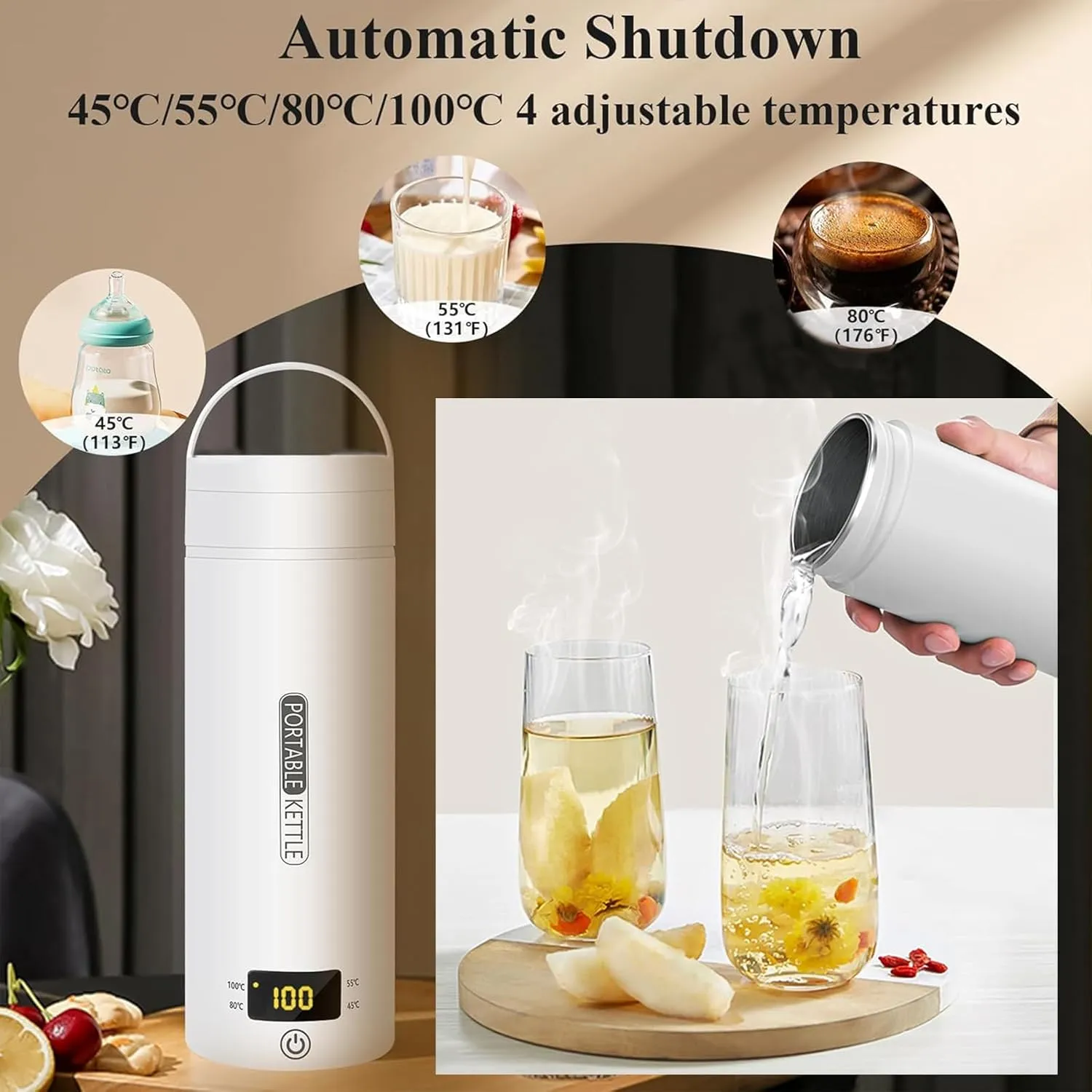 Electric Travel Kettle, Portable Kettle for Trave, Small Electric Tea Kettle, with 4 Variable Presets, Personal Hot Water Boiler, 450ML- 304 Stainless Steel (White）