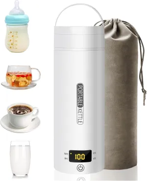Electric Travel Kettle, Portable Kettle for Trave, Small Electric Tea Kettle, with 4 Variable Presets, Personal Hot Water Boiler, 450ML- 304 Stainless Steel (White）