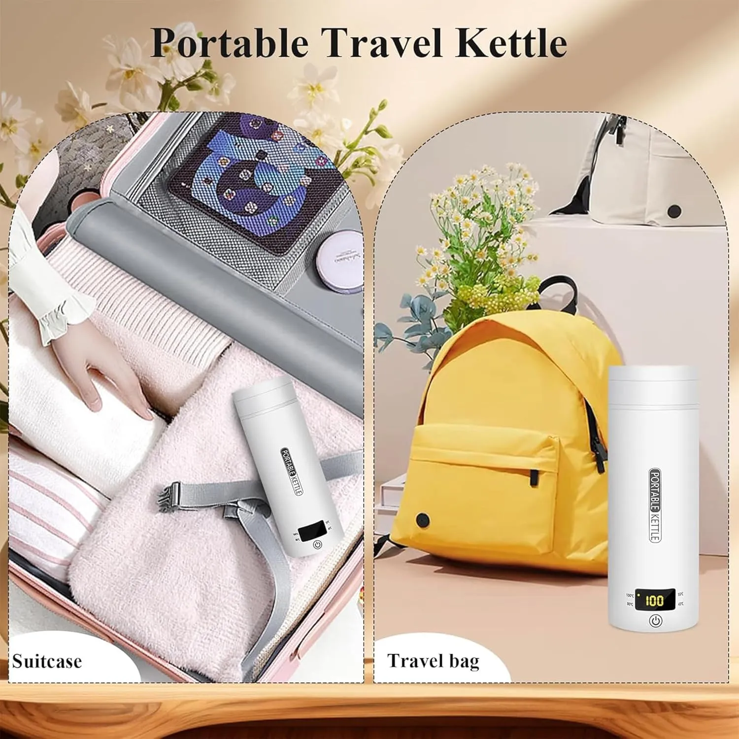 Electric Travel Kettle, Portable Kettle for Trave, Small Electric Tea Kettle, with 4 Variable Presets, Personal Hot Water Boiler, 450ML- 304 Stainless Steel (White）