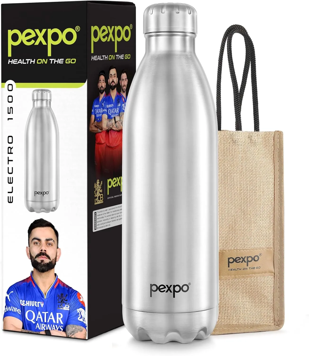 Electro 24 Hrs Hot & Cold Vacuum Flask with Jute Bag | Stainless Steel Water Bottle 1500ml | 50 oz Silver| Office Bottle | Travelling | Home