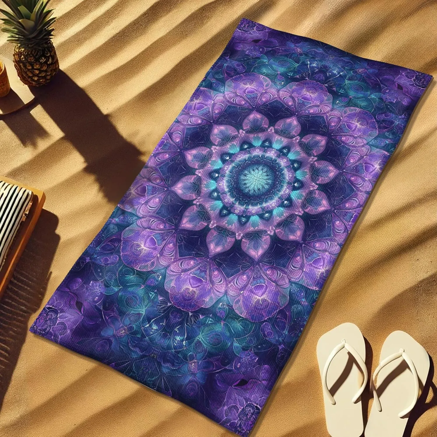 Elegant Violet Mandala Microfiber Beach Towel Quick Dry Absorbent Soft Sand Free Lightweight Bath Towel, Perfect for Travel Camping Pool Outdoor Picnic Essentials 62x31 Inch