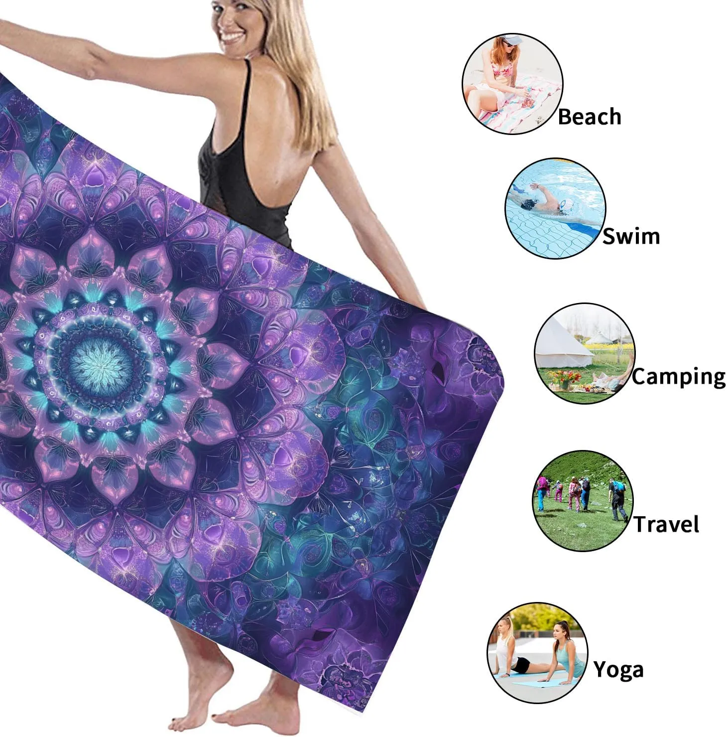 Elegant Violet Mandala Microfiber Beach Towel Quick Dry Absorbent Soft Sand Free Lightweight Bath Towel, Perfect for Travel Camping Pool Outdoor Picnic Essentials 62x31 Inch