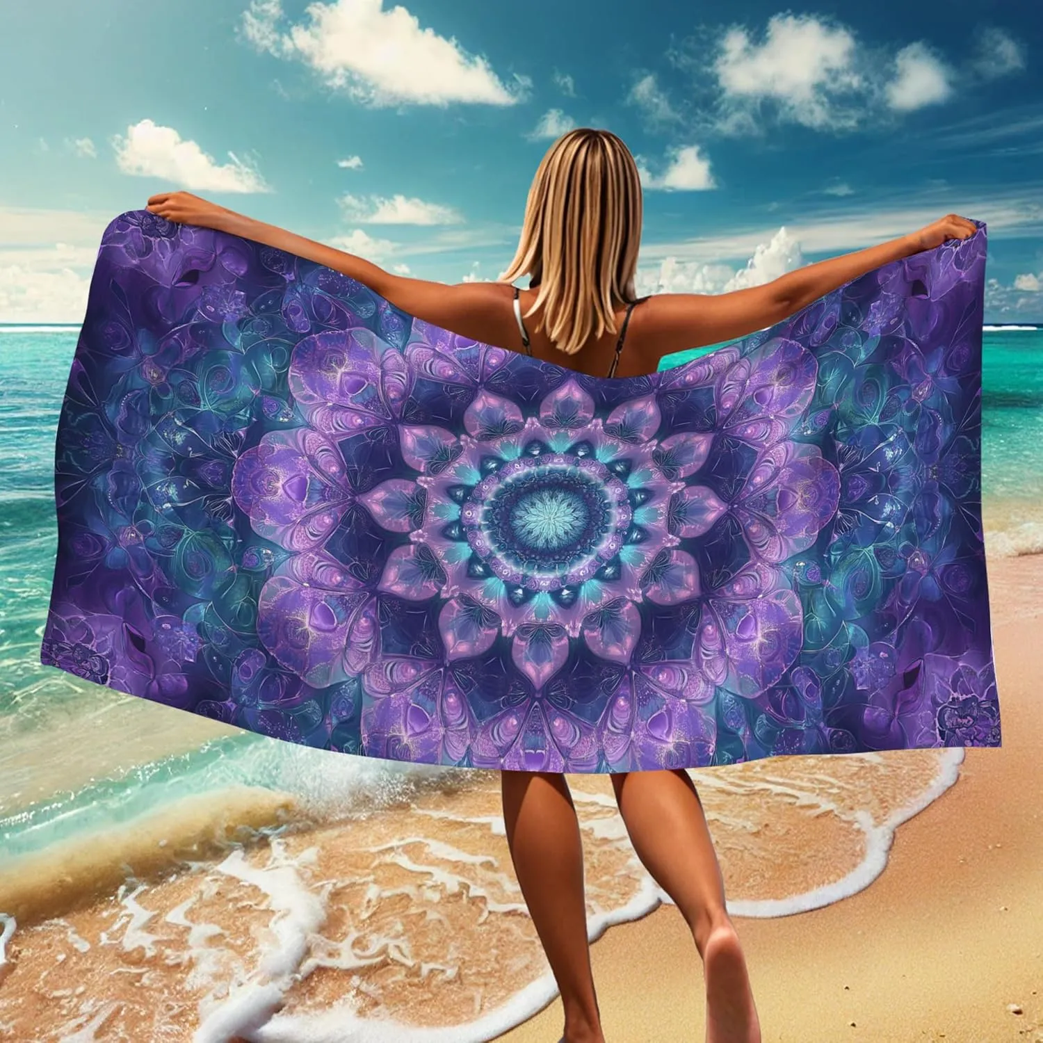 Elegant Violet Mandala Microfiber Beach Towel Quick Dry Absorbent Soft Sand Free Lightweight Bath Towel, Perfect for Travel Camping Pool Outdoor Picnic Essentials 62x31 Inch