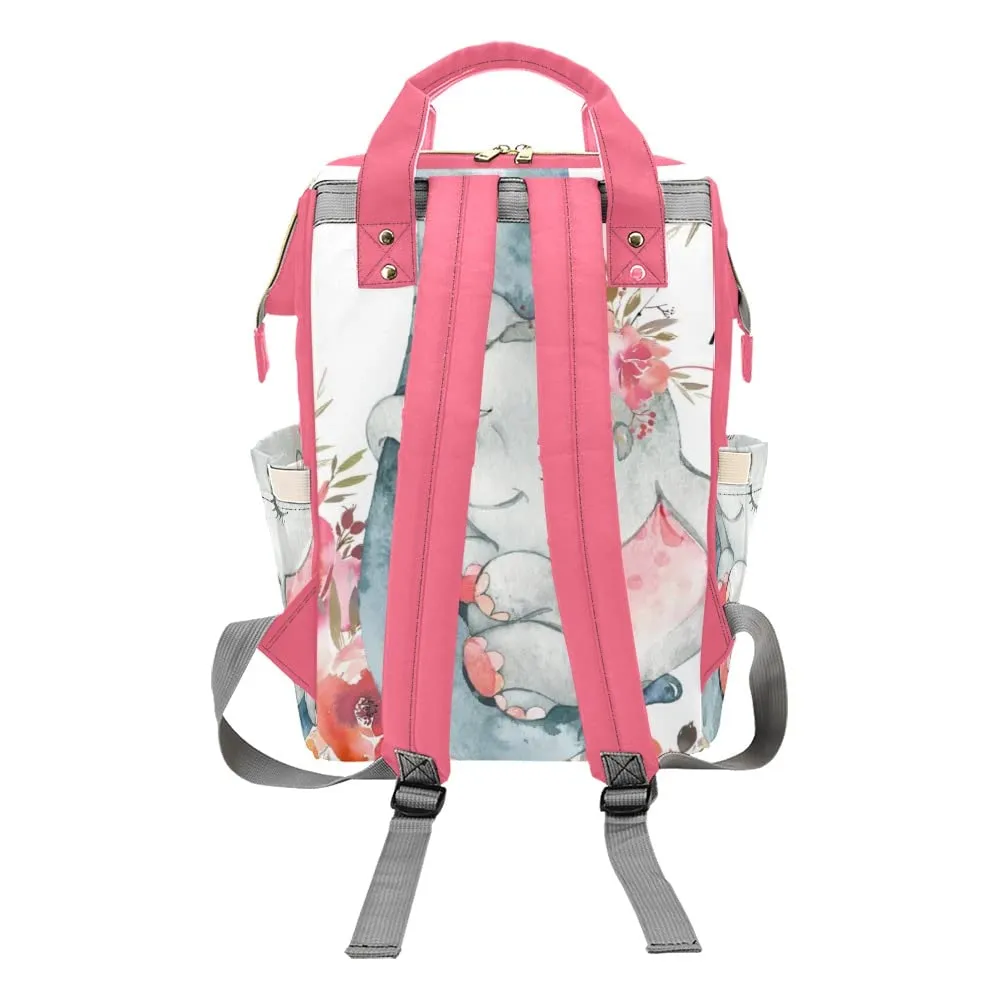 Elephant Red Flower Diaper Bags Backpack with Name Personalized Baby Nursing Nappy Travel Tote Bag Gifts for Mom