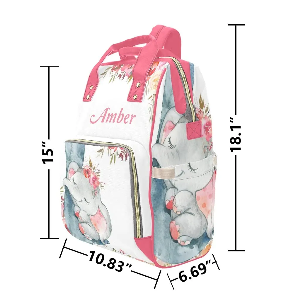Elephant Red Flower Diaper Bags Backpack with Name Personalized Baby Nursing Nappy Travel Tote Bag Gifts for Mom