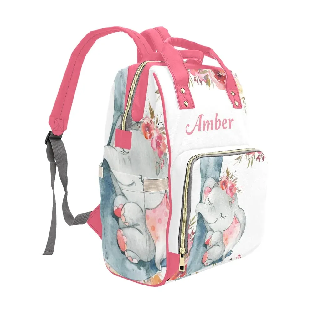 Elephant Red Flower Diaper Bags Backpack with Name Personalized Baby Nursing Nappy Travel Tote Bag Gifts for Mom