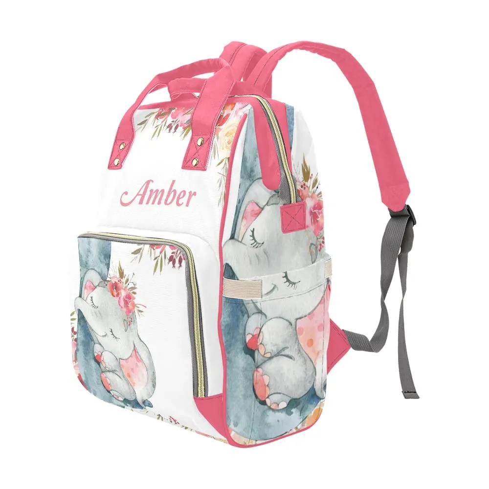 Elephant Red Flower Diaper Bags Backpack with Name Personalized Baby Nursing Nappy Travel Tote Bag Gifts for Mom