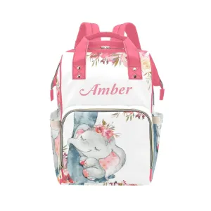 Elephant Red Flower Diaper Bags Backpack with Name Personalized Baby Nursing Nappy Travel Tote Bag Gifts for Mom
