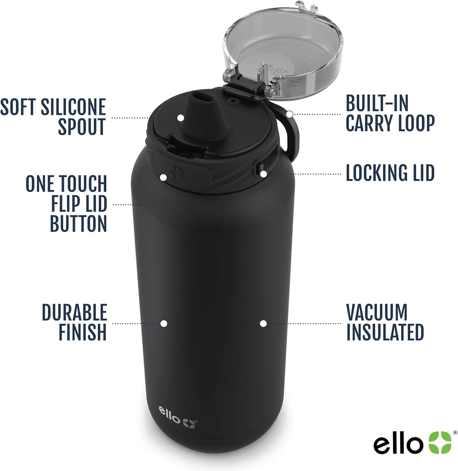 Ello Cooper 18oz Kids Stainless Steel Water Bottle with Straw and Carry Handle, Double Walled and Vacuum Insulated Metal, Leak Proof Locking Lid with Soft Silicone Spout, Reusable, BPA Free, Black