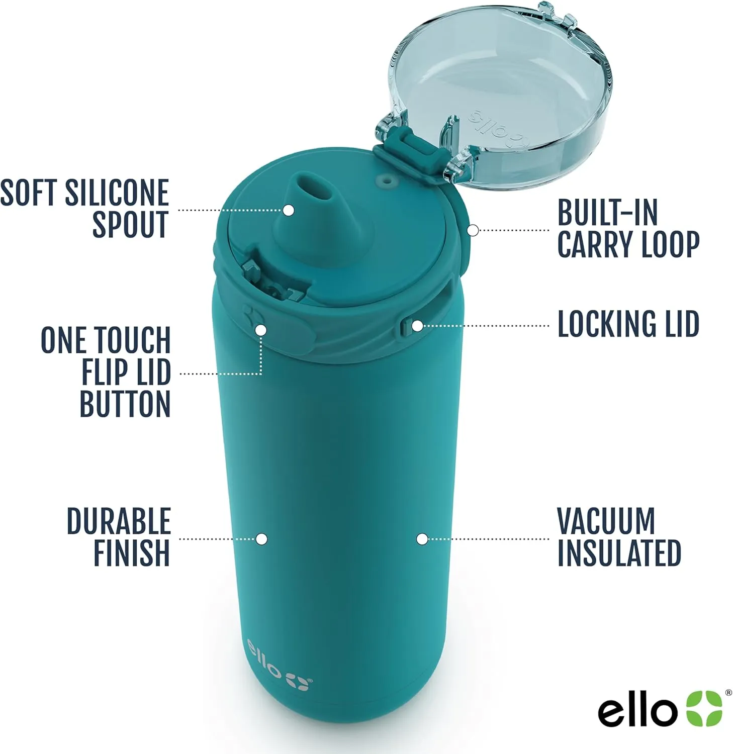 Ello Cooper 22oz Stainless Steel Water Bottle with Straw and Carry Handle, Double Walled and Vacuum Insulated Metal, Leak Proof Locking Lid with Soft Silicone Spout, Reusable, BPA Free, Antigua