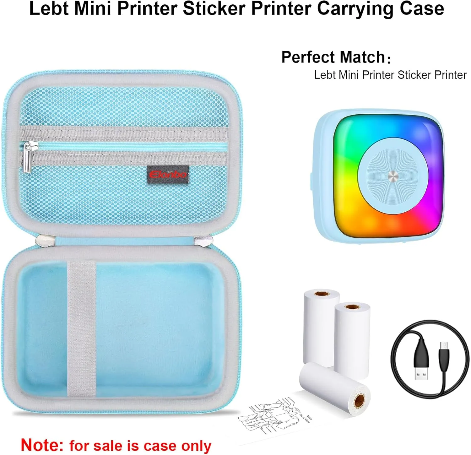 Elonbo Carrying Case for Lebt Mini Sticker Pocket Printer, Portable Thermal Label Printer Travel Bag, Label Maker Machine Storage Holder, Mesh Pocket Fits Label Paper Rolls Tape, Blue