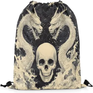 Erosebridal Gothic Dragon Drawstring Backpack Waterproof,Sugar Skull Drawstring Bags for Camping Traveling,Dragon Scale Ancient Animal Draw String Back Bag,Ocean Wave String Backpack,13x15.7