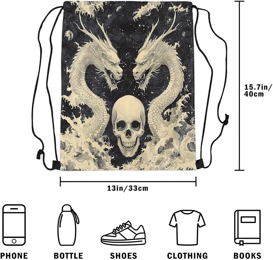 Erosebridal Gothic Dragon Drawstring Backpack Waterproof,Sugar Skull Drawstring Bags for Camping Traveling,Dragon Scale Ancient Animal Draw String Back Bag,Ocean Wave String Backpack,13x15.7