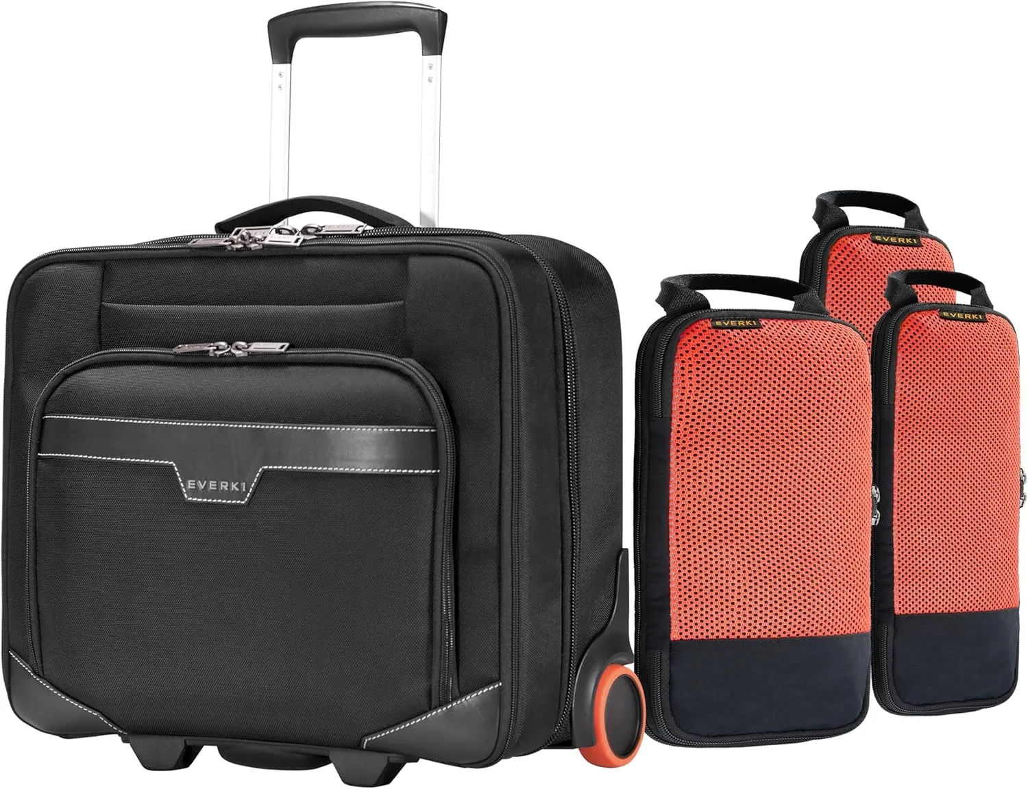 EVERKI Professional Travel Bundle: 16-Inch Lightweight Rolling Laptop Briefcase & 18.2L Compressible Packing Cubes (3-Pack) - Durable, Travel-Friendly Design for Work & Business Trips - Orange   Black