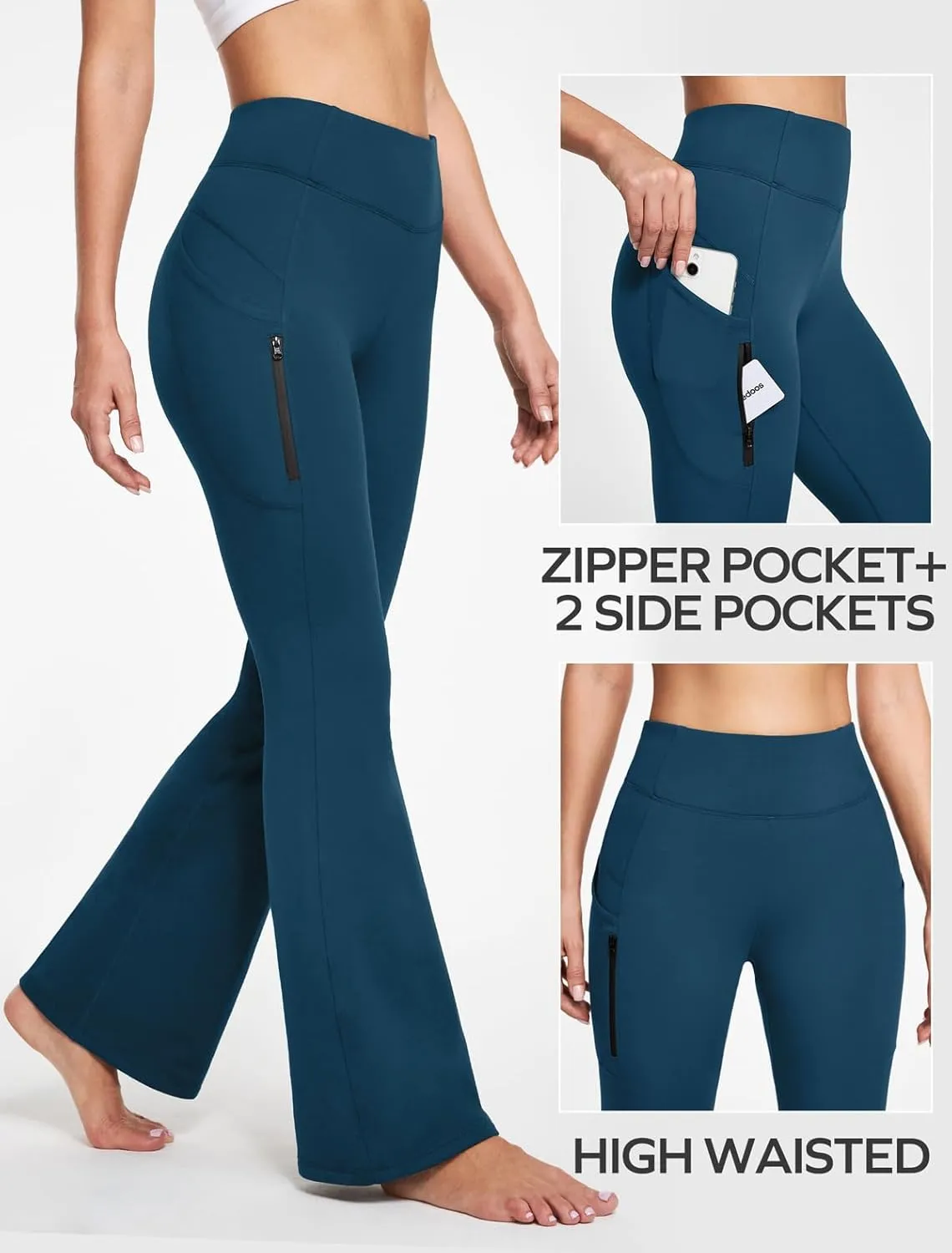 Ewedoos Fleece Lined Yoga Pants with Pockets Water Resistant Hiking Pants Women High Waist Flare Leggings Winter Warm Pants