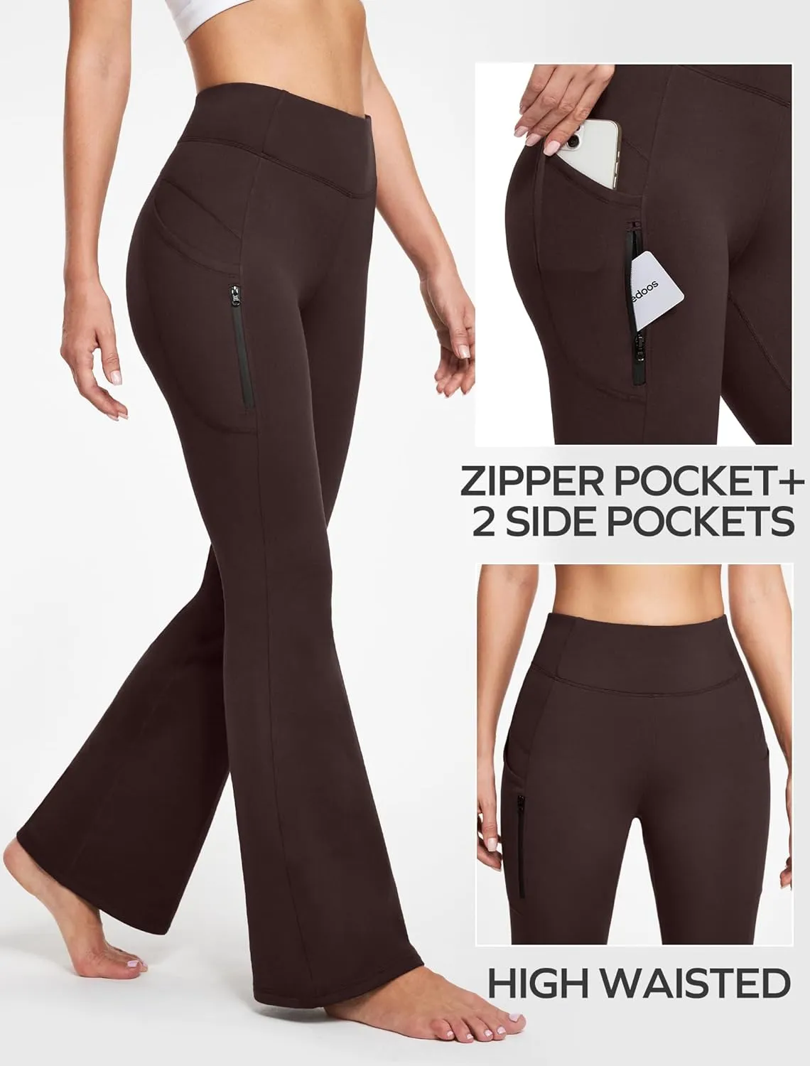 Ewedoos Fleece Lined Yoga Pants with Pockets Water Resistant Hiking Pants Women High Waist Flare Leggings Winter Warm Pants
