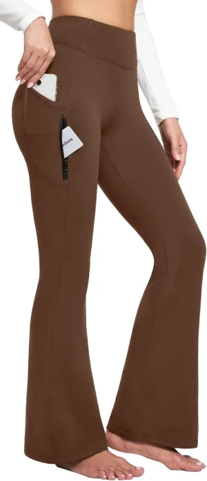 Ewedoos Fleece Lined Yoga Pants with Pockets Water Resistant Hiking Pants Women High Waist Flare Leggings Winter Warm Pants