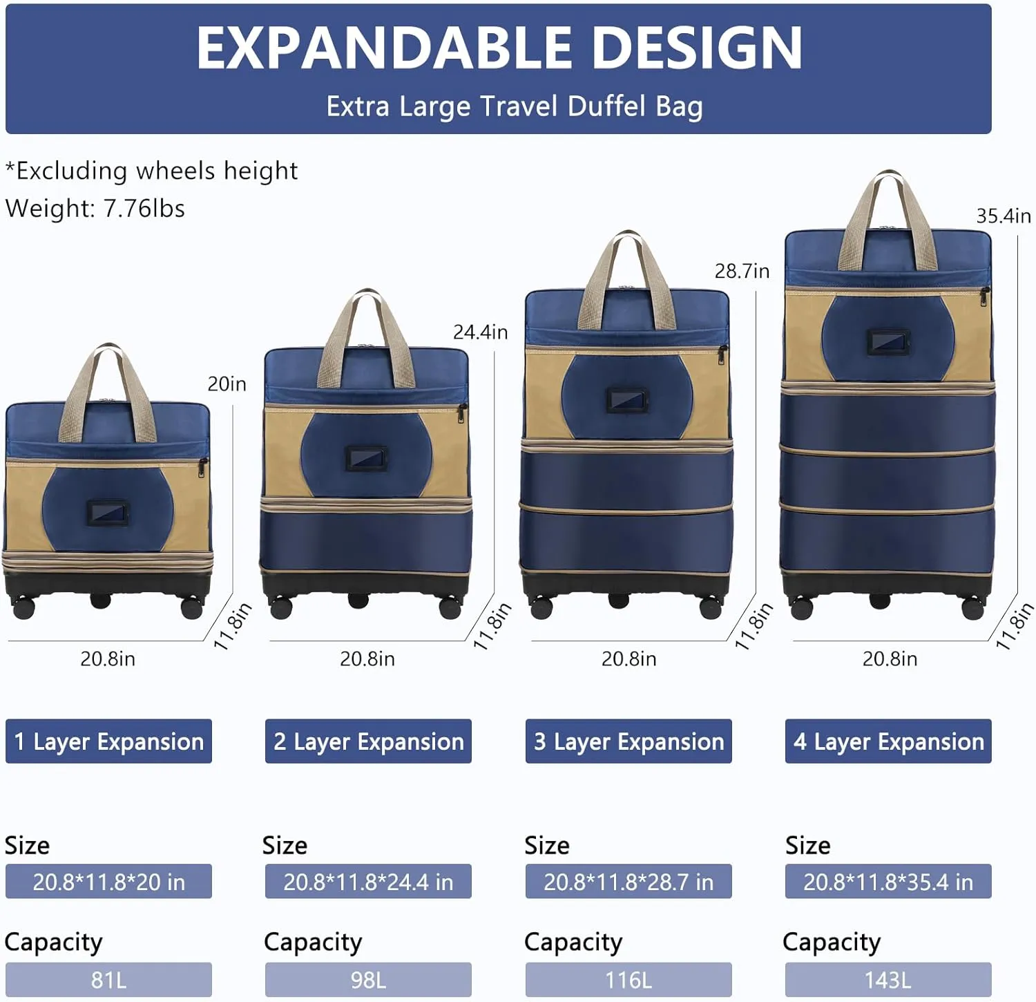 Expandable Collapsible Luggage Bag with Telescoping Handle Foldable Suitcase with Removable Wheels for Travel Large Rolling Duffle Bag for Men Women (WZ-blue)