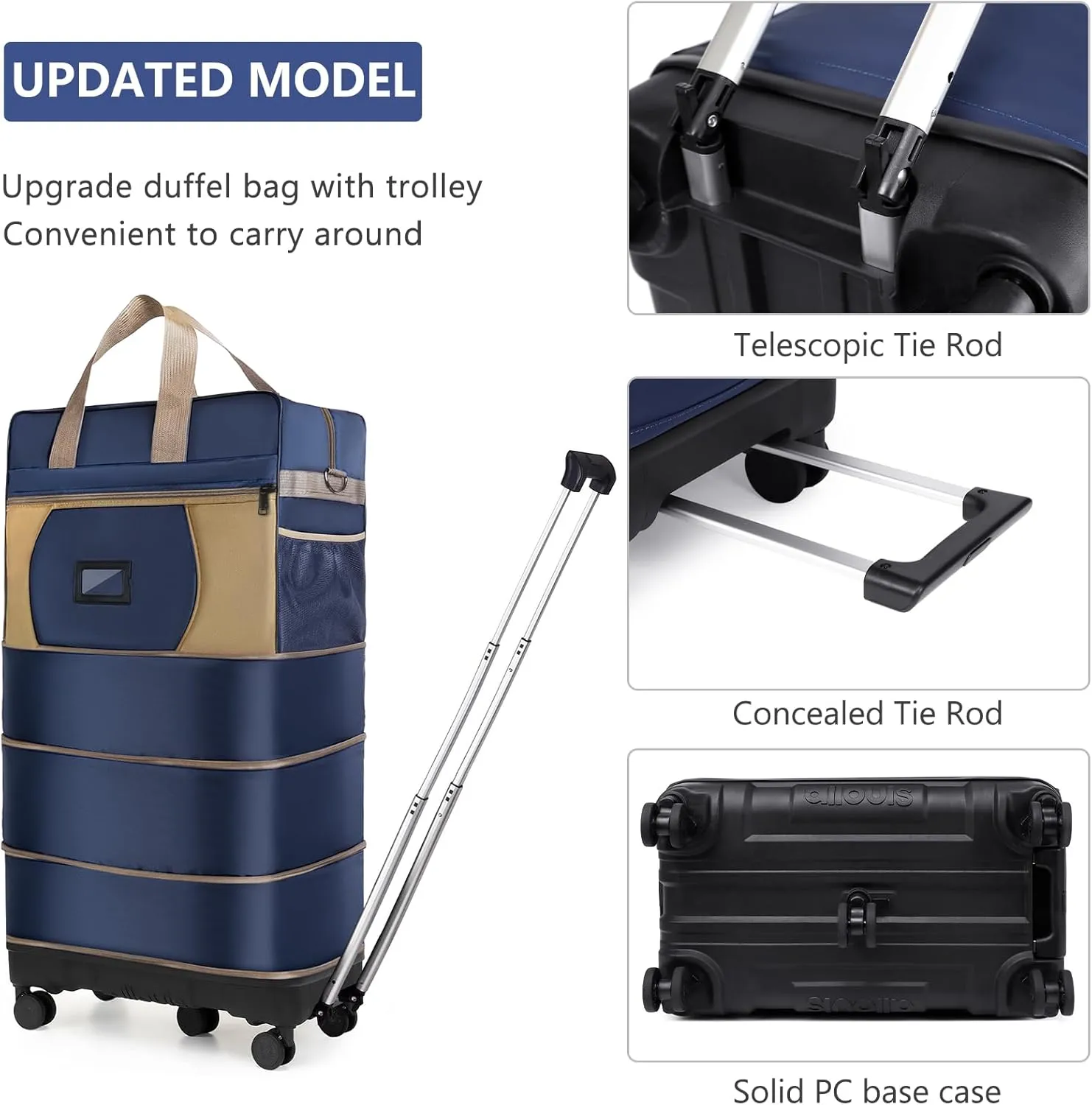 Expandable Collapsible Luggage Bag with Telescoping Handle Foldable Suitcase with Removable Wheels for Travel Large Rolling Duffle Bag for Men Women (WZ-blue)