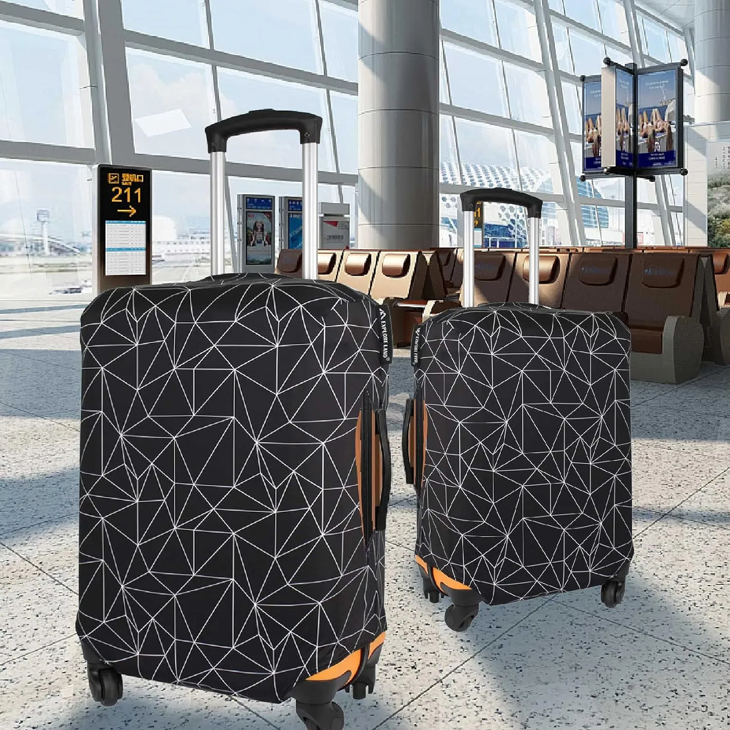 Explore Land Travel Luggage Cover Suitcase Protector Fits 18-22 Inch Case (Black Polygonal, S)