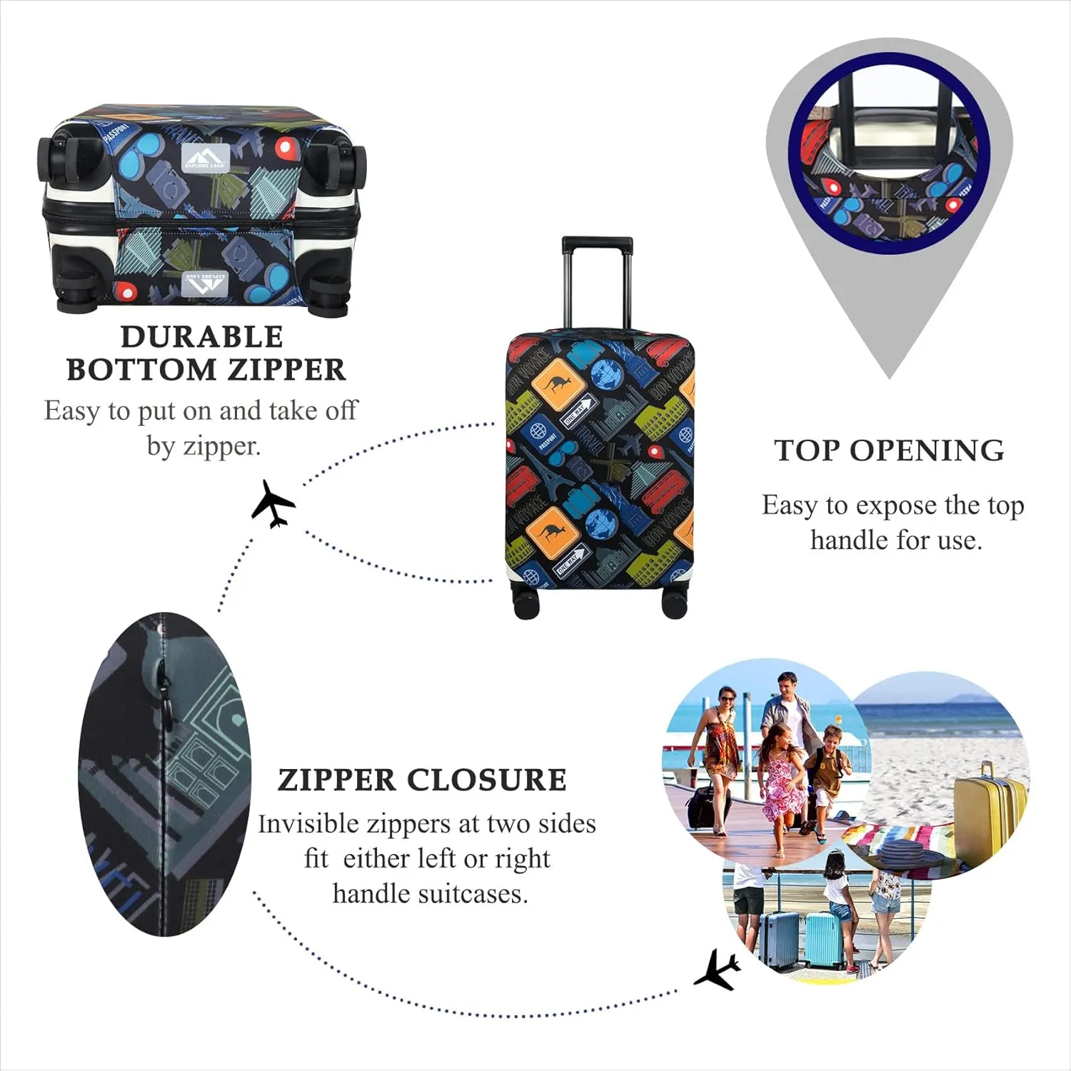 Explore Land Travel Luggage Cover Suitcase Protector Fits 18-22 Inch Case (Bon Voyage, S)