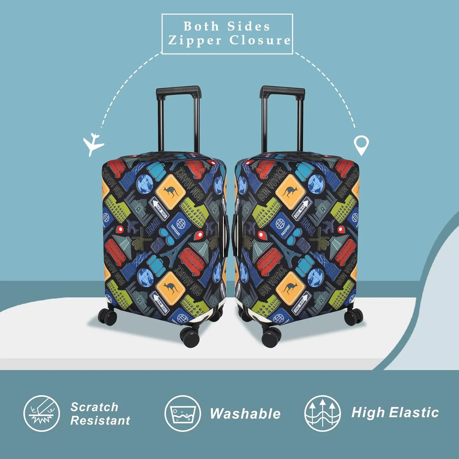 Explore Land Travel Luggage Cover Suitcase Protector Fits 18-22 Inch Case (Bon Voyage, S)