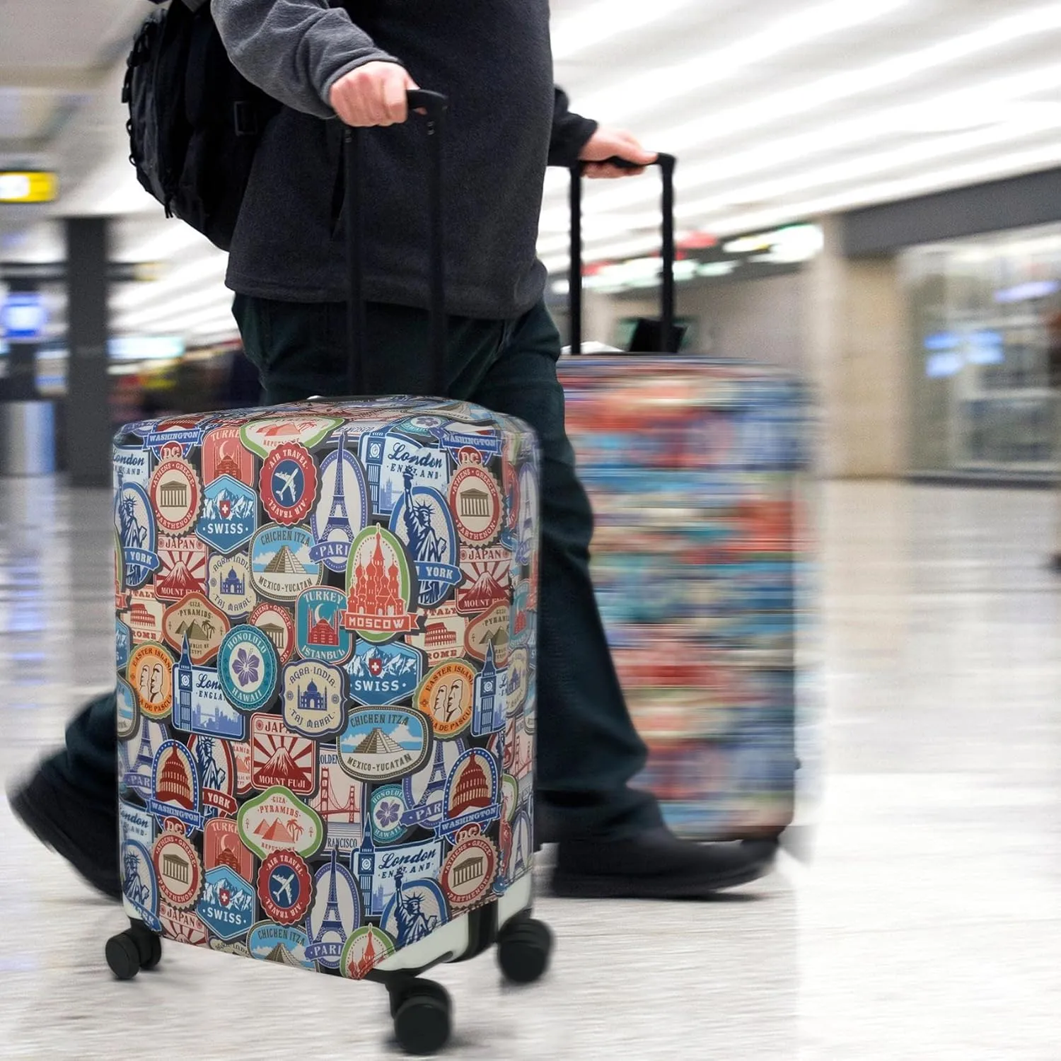 Explore Land Travel Luggage Cover Suitcase Protector Fits 18-22 Inch Case (Landmark Sticker, S)