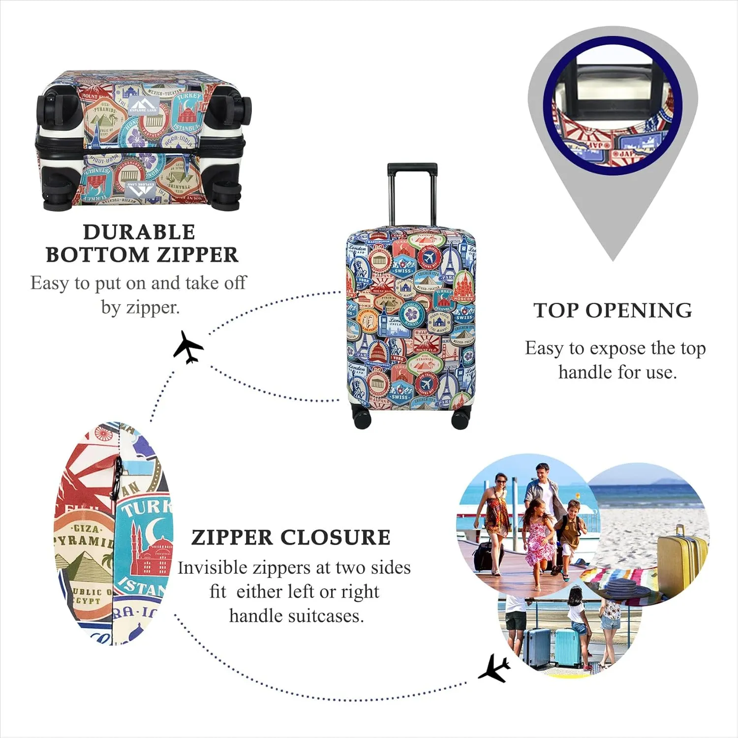 Explore Land Travel Luggage Cover Suitcase Protector Fits 18-22 Inch Case (Landmark Sticker, S)