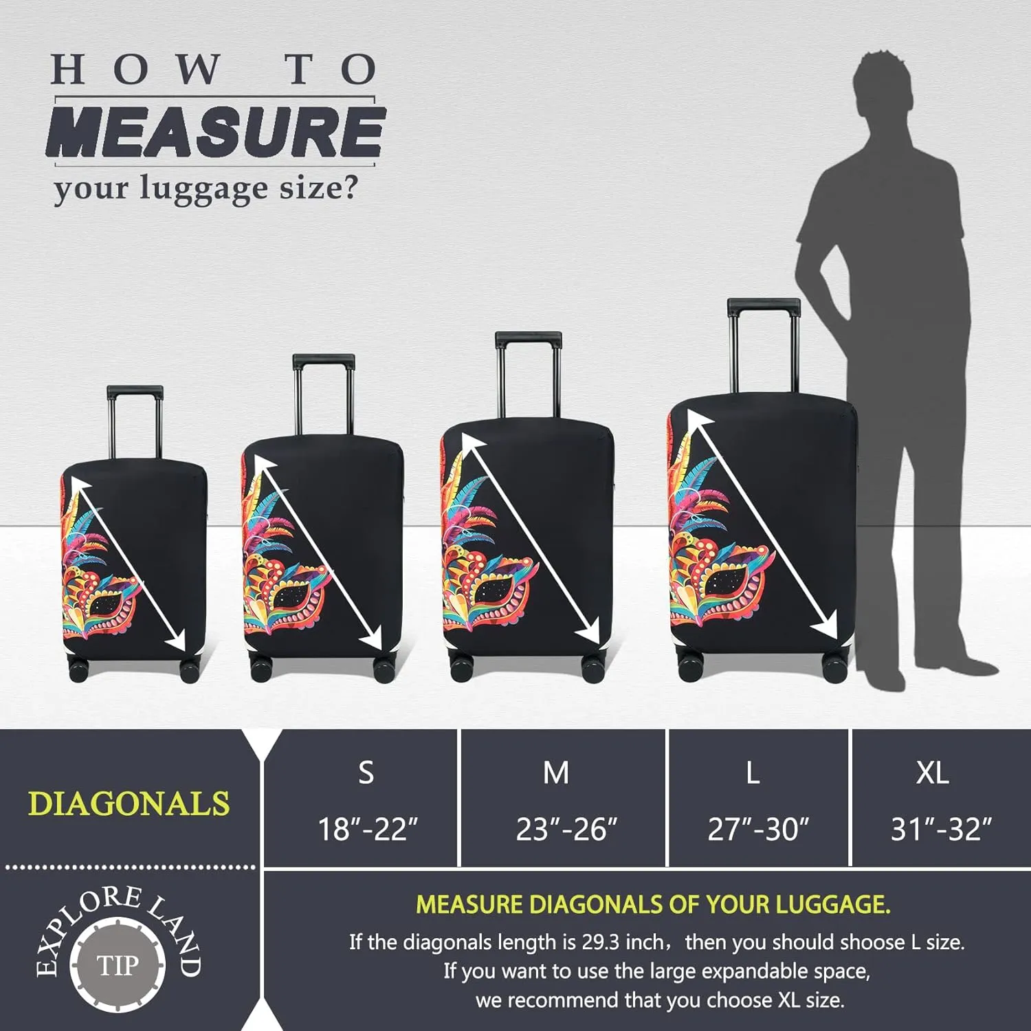 Explore Land Travel Luggage Cover Suitcase Protector Fits 23-26 Inch Case (Carnival, M)