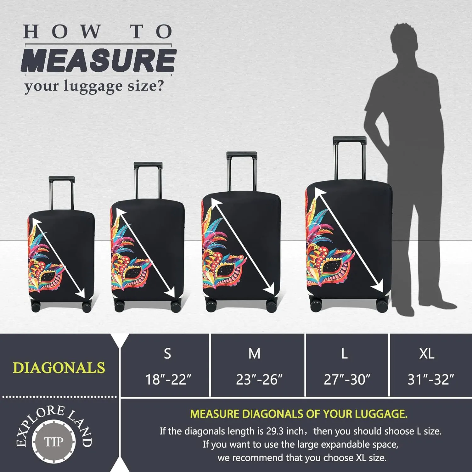 Explore Land Travel Luggage Cover Suitcase Protector Fits 27-30 Inch Case (Carnival, L)