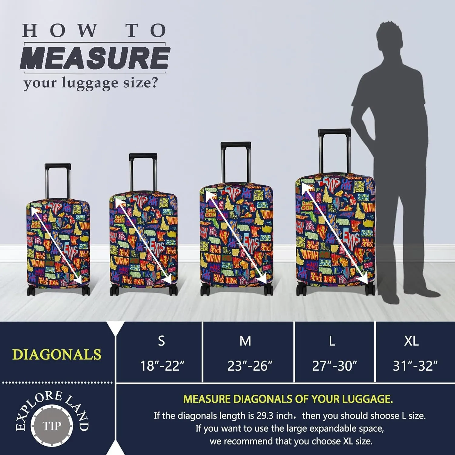 Explore Land Travel Luggage Cover Suitcase Protector Fits 31-32 Inch Case (America Map, XL)