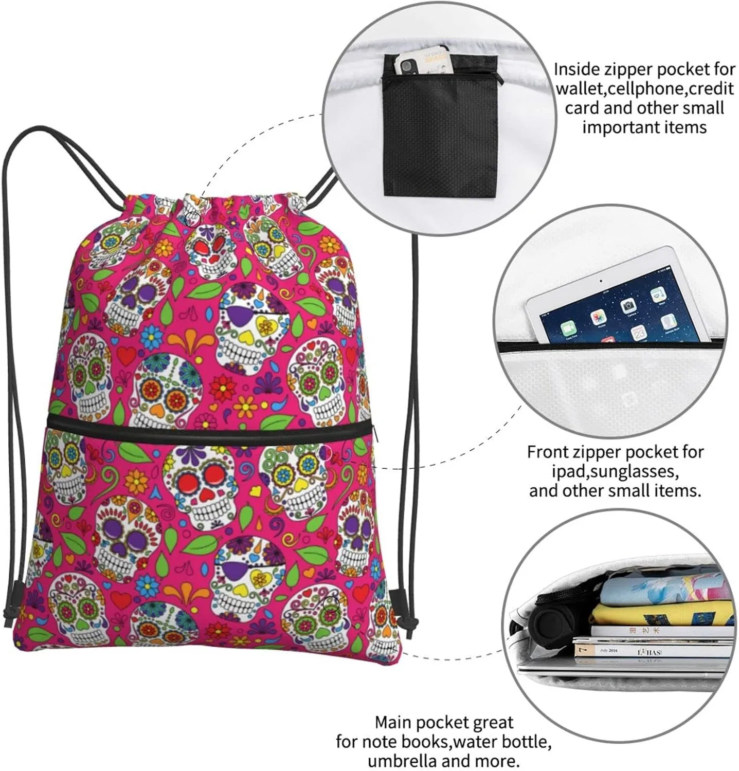 Famame Sugar Skull Drawstring Backpack String Bag Sackpack For Gym Shopping Beach Sport Yoga
