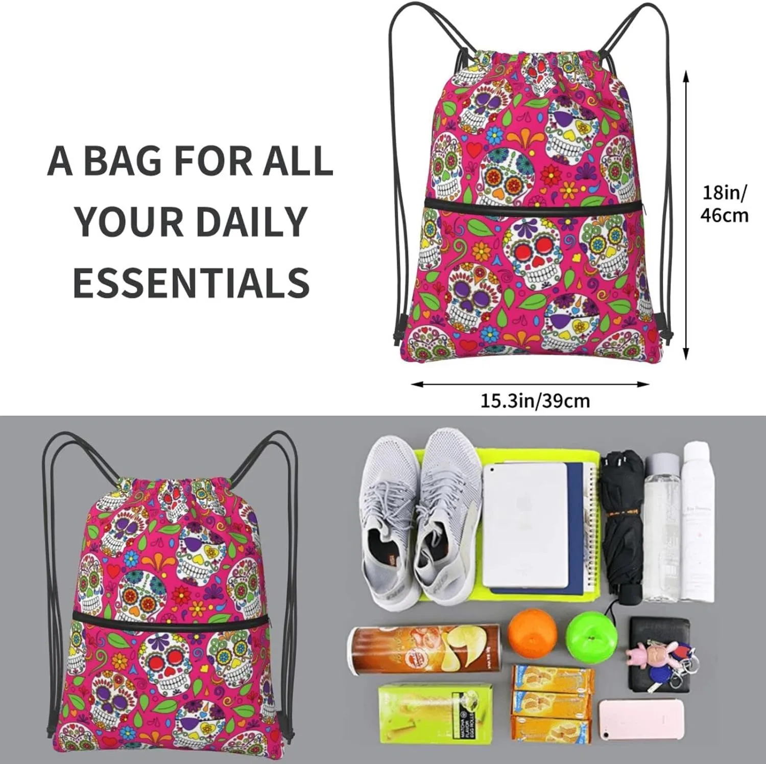Famame Sugar Skull Drawstring Backpack String Bag Sackpack For Gym Shopping Beach Sport Yoga