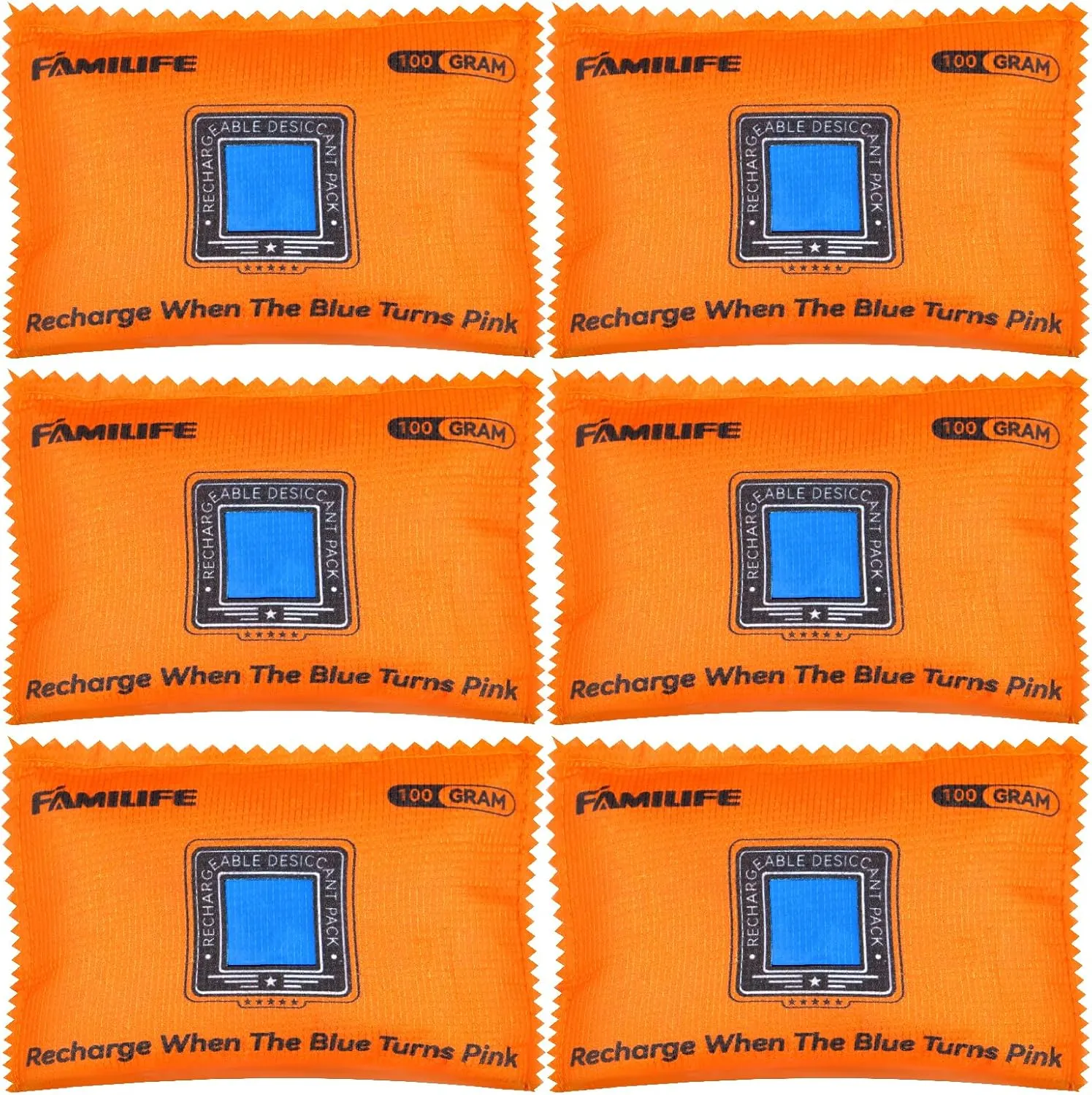 FAMILIFE Reusable Car Dehumidifier Bag Damp Rid Silica Gel Packets,Rechargeable Color Moisture Absorbers for Cars Home Closets Electronics Camera Storage Box Safes Drawers,6 Pack