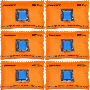 FAMILIFE Reusable Car Dehumidifier Bag Damp Rid Silica Gel Packets,Rechargeable Color Moisture Absorbers for Cars Home Closets Electronics Camera Storage Box Safes Drawers,6 Pack
