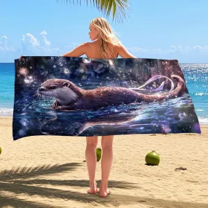 Fanciful Otter Microfiber Beach Towel Blue Sea Creatures Beach Blanket, Quick Dry Absorbent Soft Sand Free Lightweight Pool Picnic Essentials 70x35 Inch