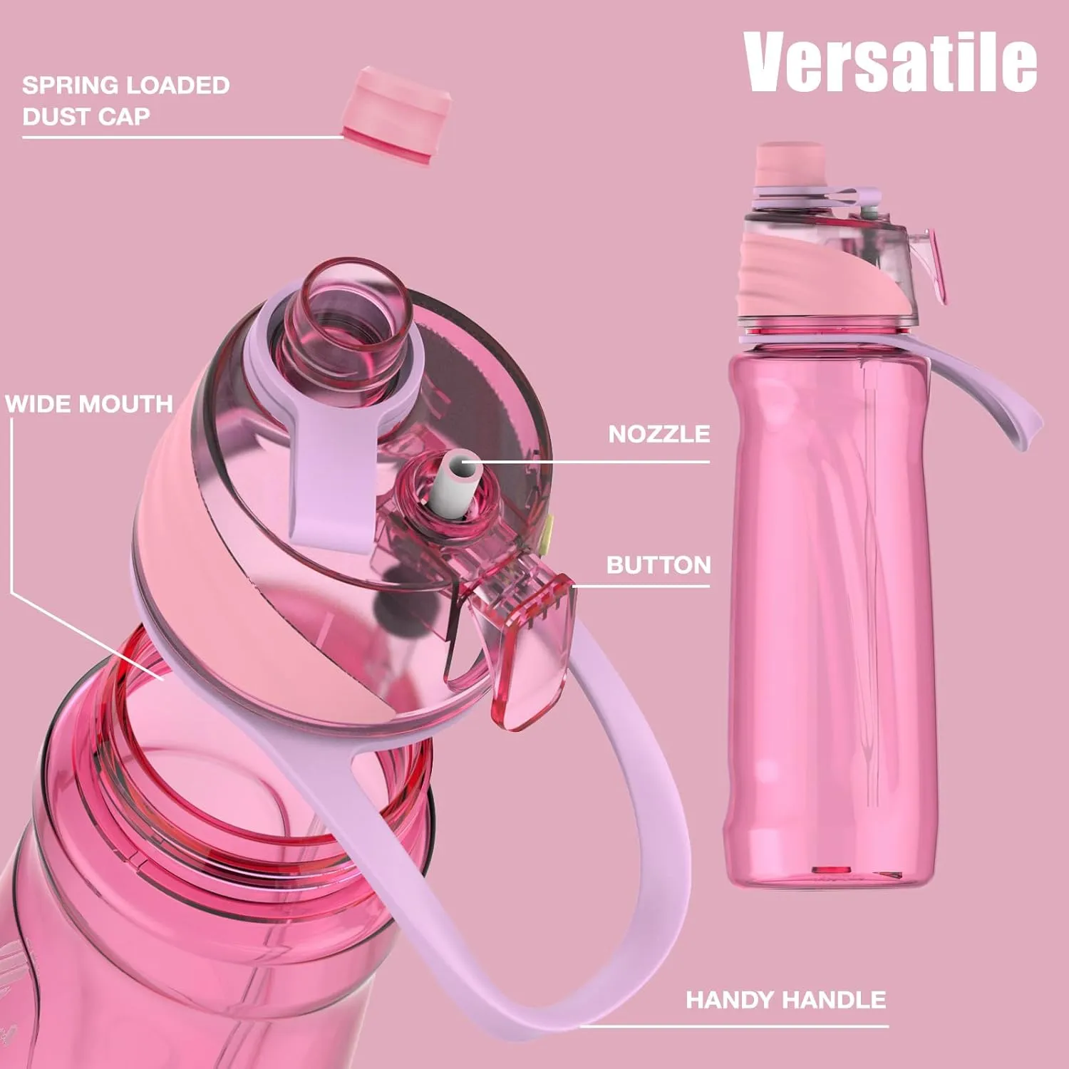 FEIJIAN Mist & Sip Water Bottle, 22oz, BPA-Free, Leakproof & Lightweight, Ideal for Fitness & Outdoor, Pink