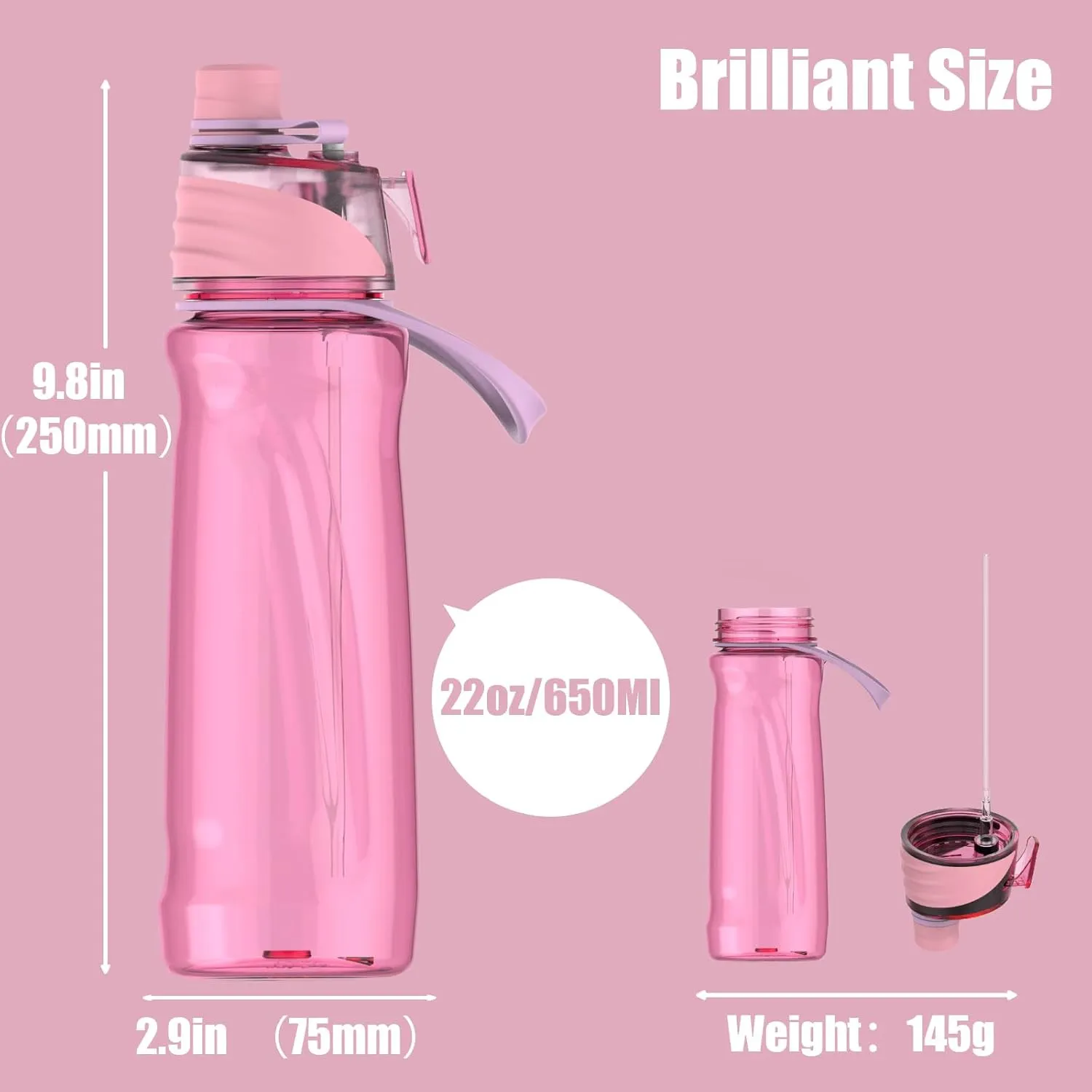 FEIJIAN Mist & Sip Water Bottle, 22oz, BPA-Free, Leakproof & Lightweight, Ideal for Fitness & Outdoor, Pink