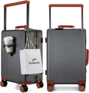 feilario 20'' Aluminum Frame Wide Handle PC Hardside Carry On Luggage - Double Spinner Wheels Luxury Rolling Travel Suitcase with TSA Lock & Cup Holder