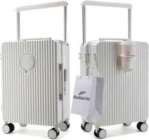 feilario 20" Aluminum Frame Hardside PC Carry on Luggage - Wide Handle Double Spinner Wheels Suitcase Built-In TSA lock & Cup Holder - White